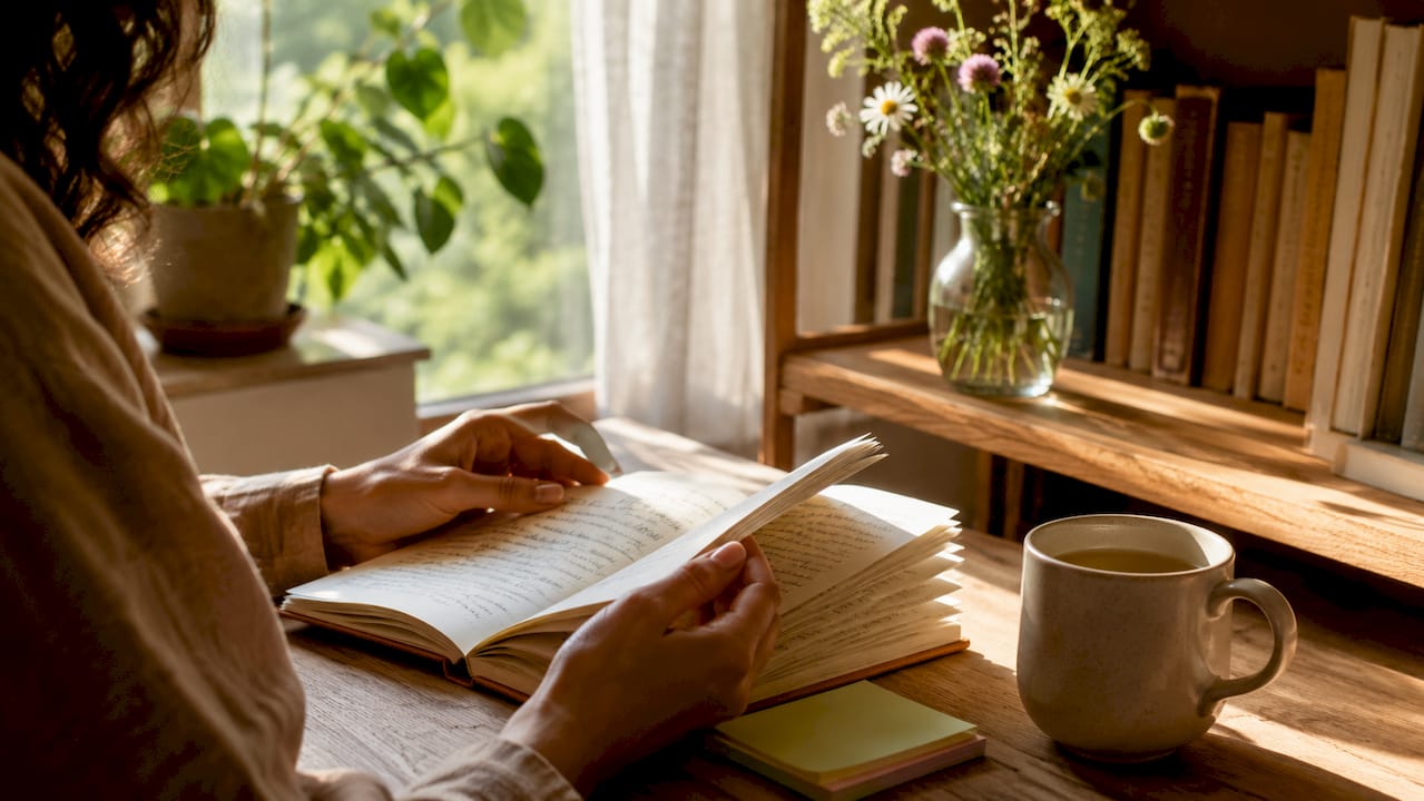 Close-up hands with notebook and tea cup