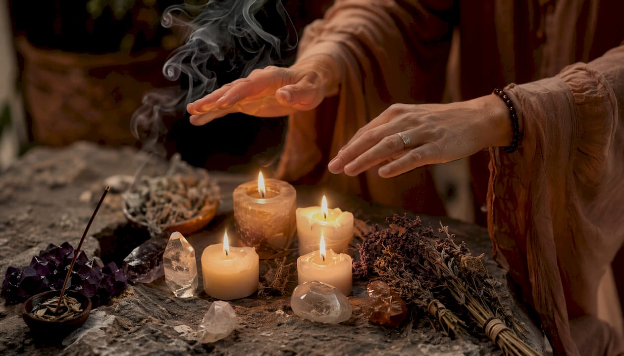 Close-up of hands performing healing gesture over candles