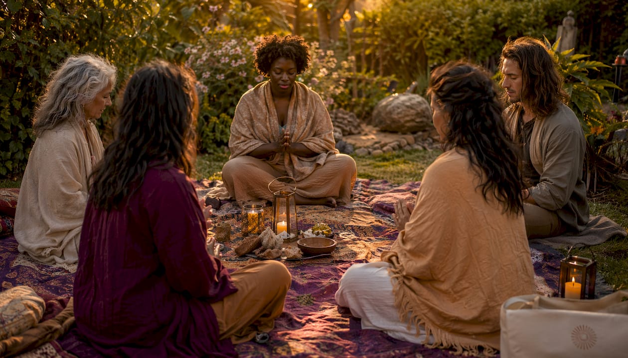 Small group engaged in intimate spiritual community gathering