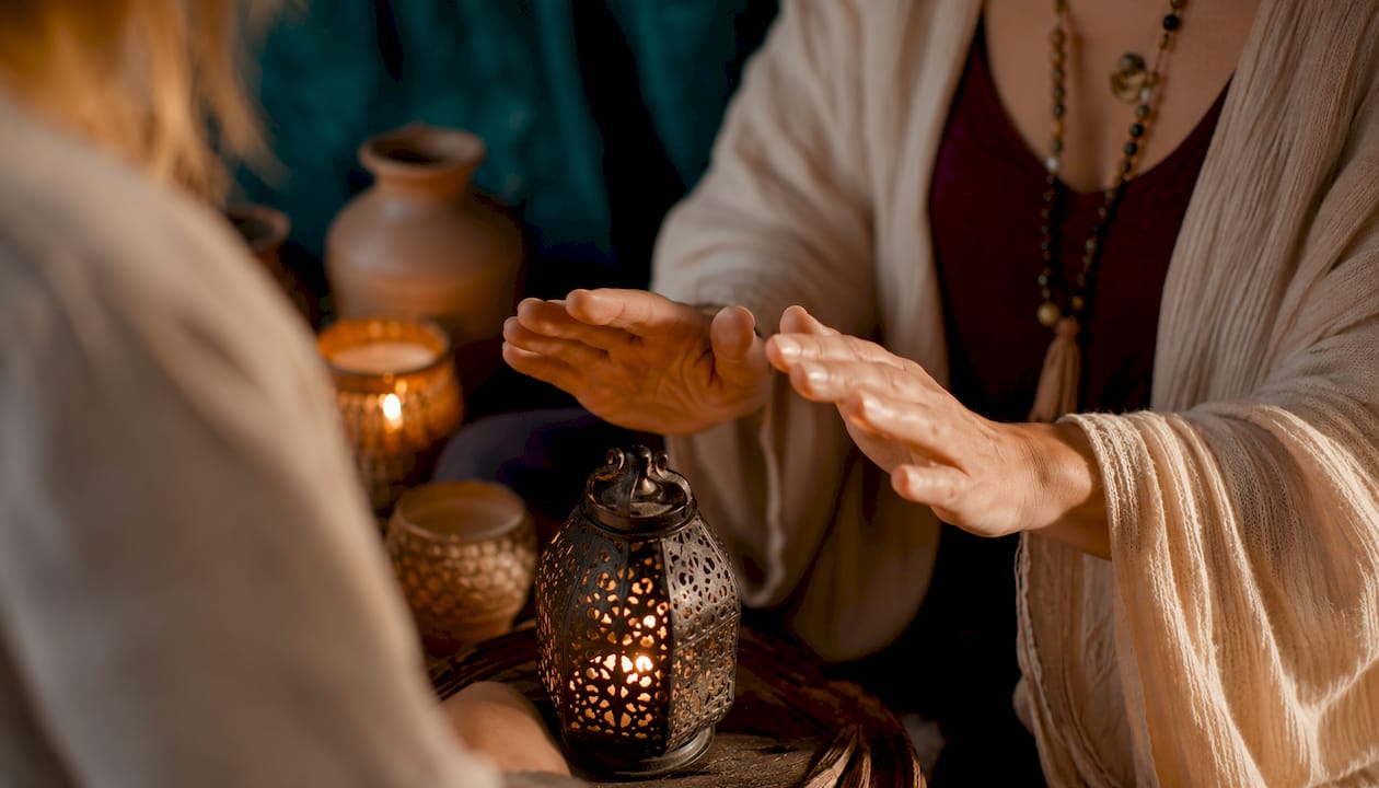 Healing hands ritual above candlelight bowl