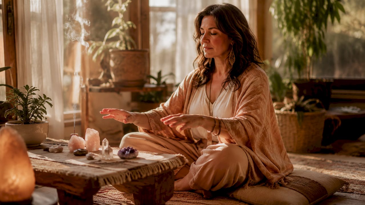 Woman meditating with crystals in warm sacred space