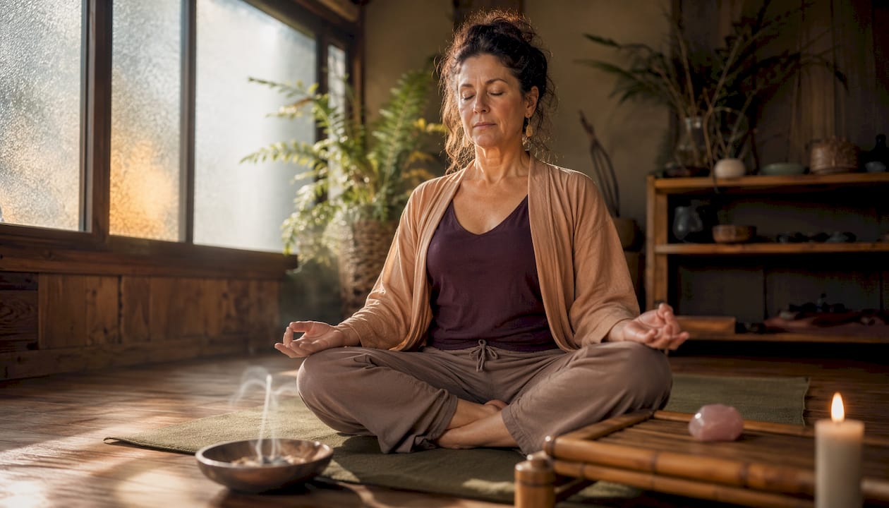 Woman meditating in warm earthy room