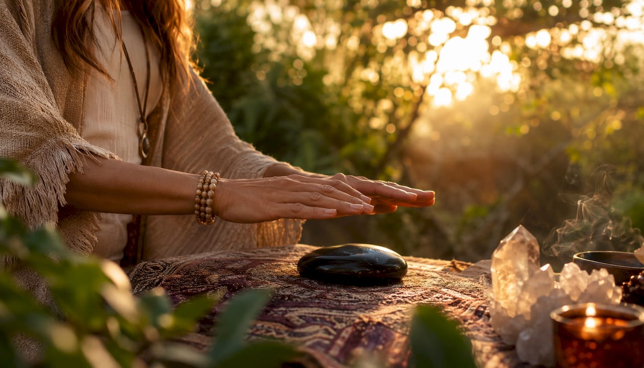 Hands performing Reiki over crystal