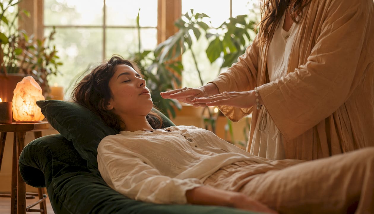 Relaxed person receiving energy healing