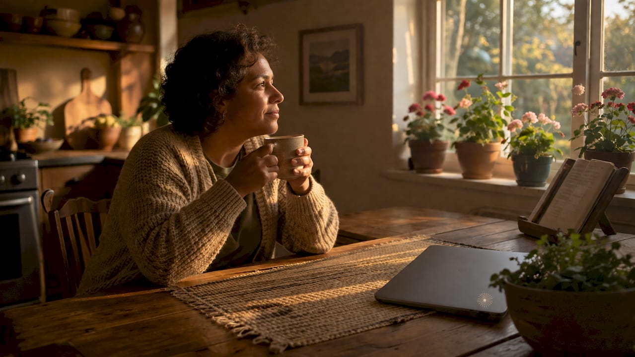 Person in quiet reflection at home kitchen table