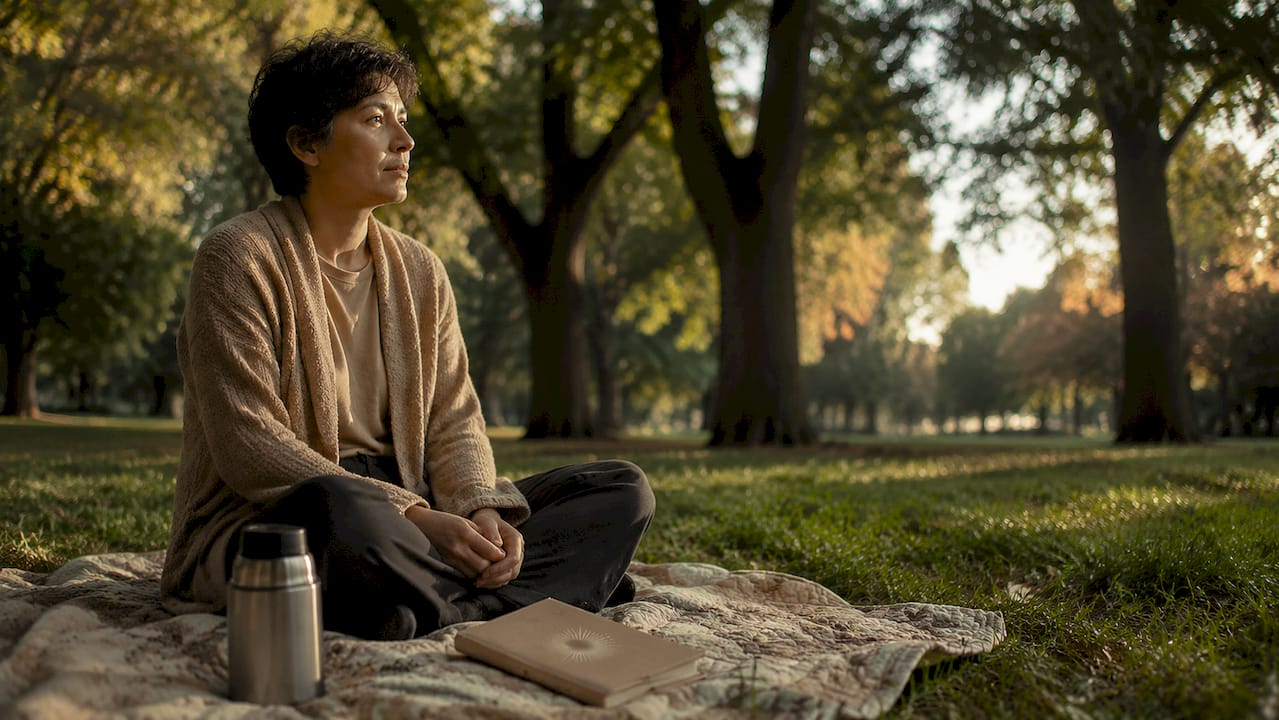 Person quietly reflecting in forest bench