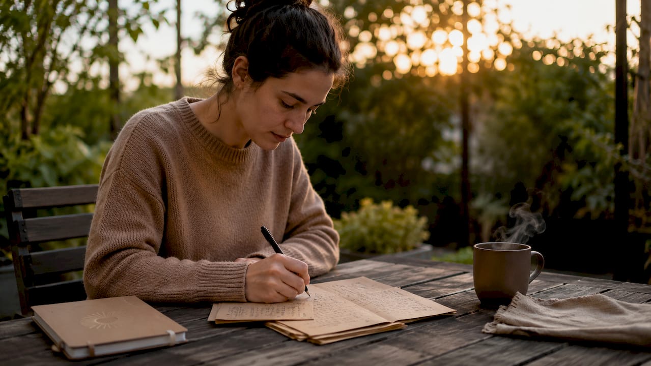 Hands writing notes at café table