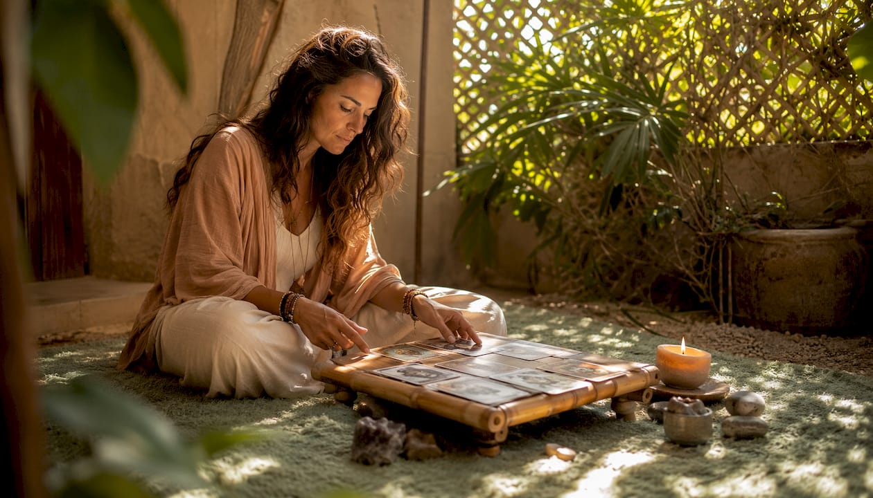 Person holding tarot cards by candlelight in meditation nook