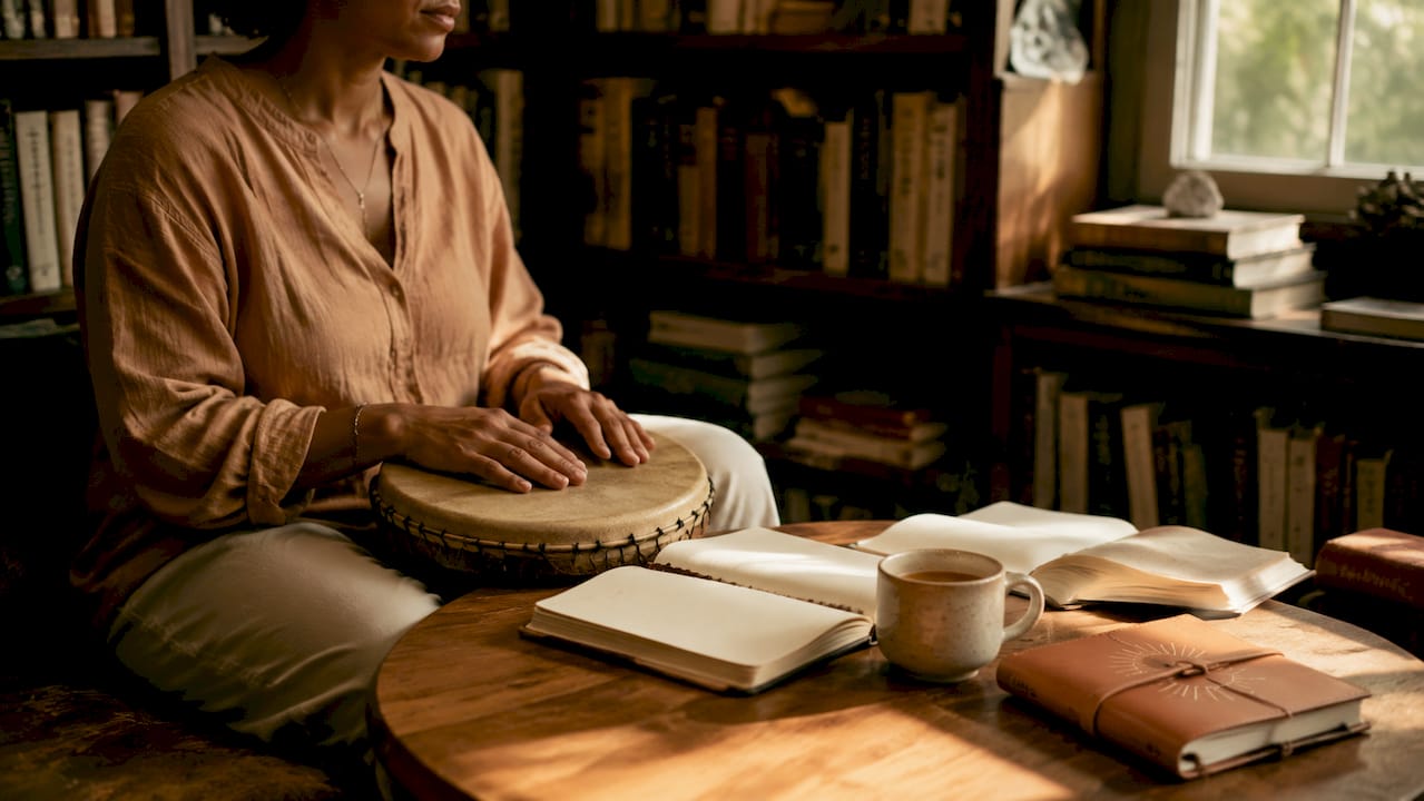 Hands resting on healing workspace at golden hour