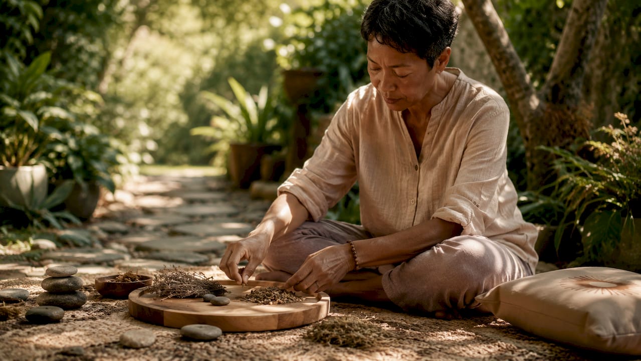 Healer arranging natural objects in quiet room