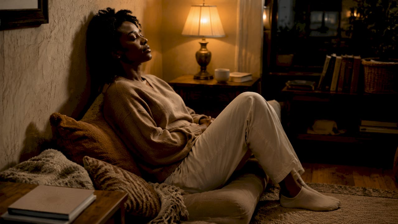 Person peacefully resting in cozy interior corner