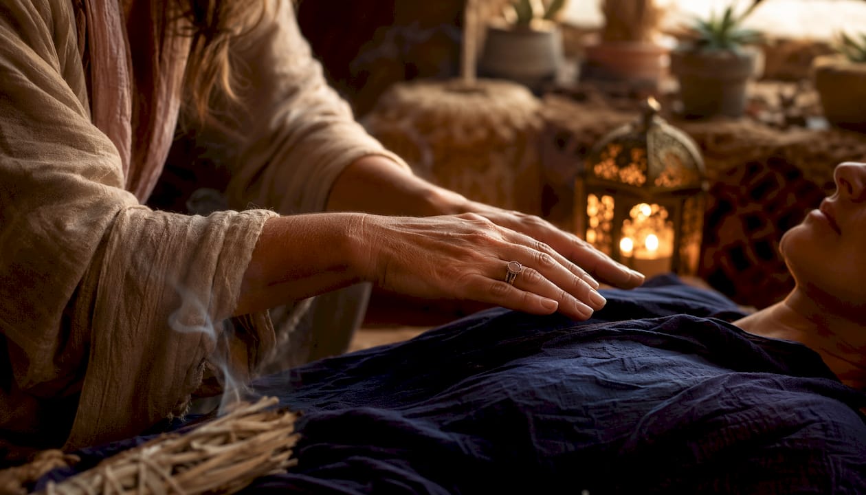 Hands performing gentle energy healing ritual