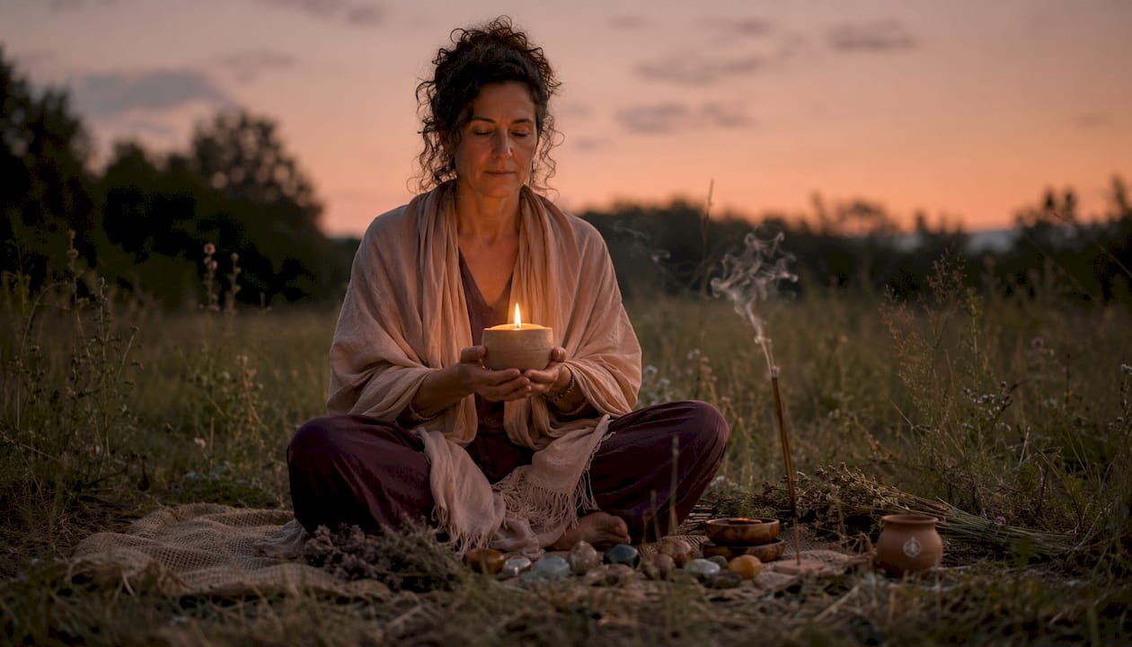 Person meditating with candle and crystals outdoors