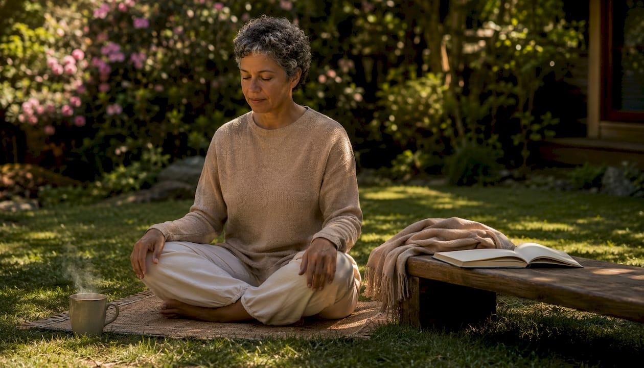 Person calmly reflecting in yoga pose at home