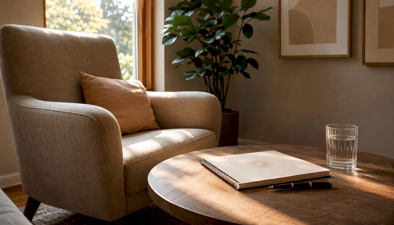 Empty psychotherapy office with soft morning light