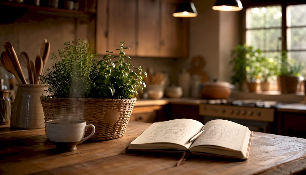 Cultural artifacts on wooden table in warm light