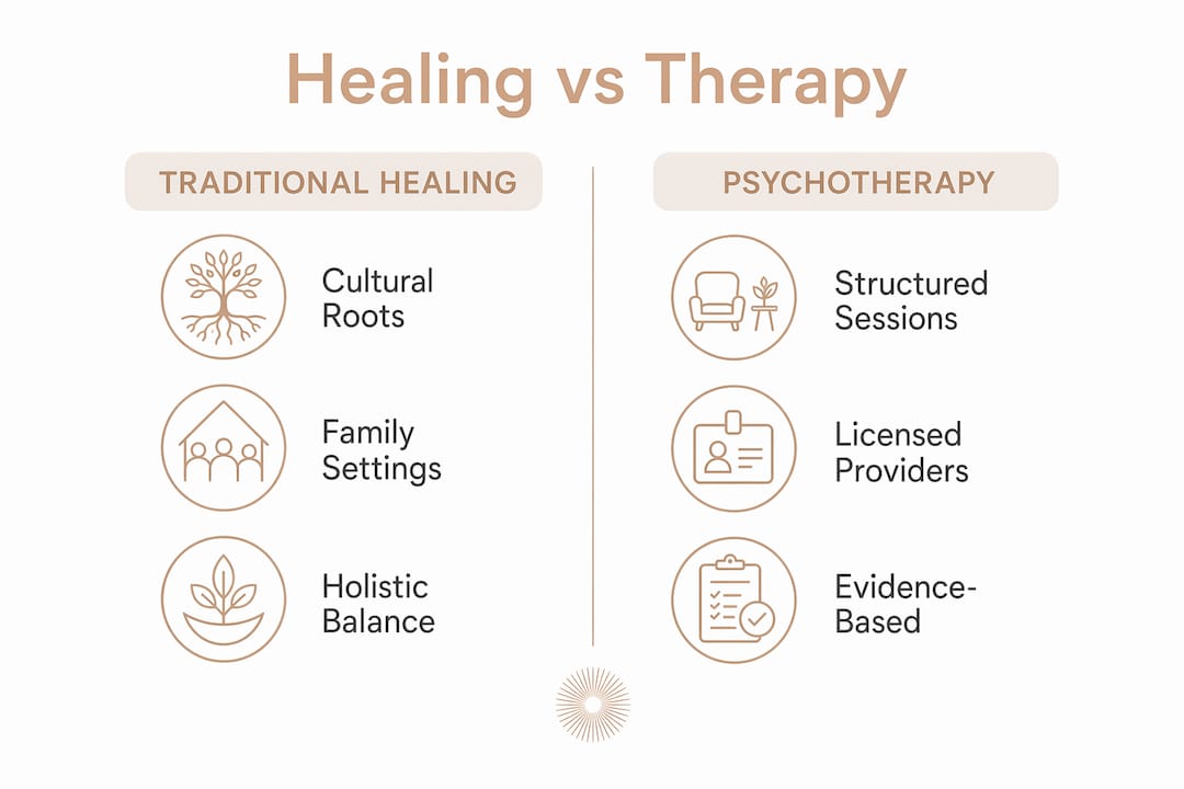 Infographic comparing traditional healing and psychotherapy
