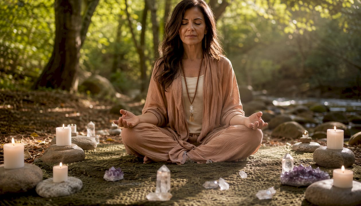 Woman meditating with crystals and candles in forest