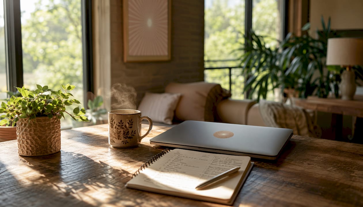 Calm home office desk with wellness platform tools