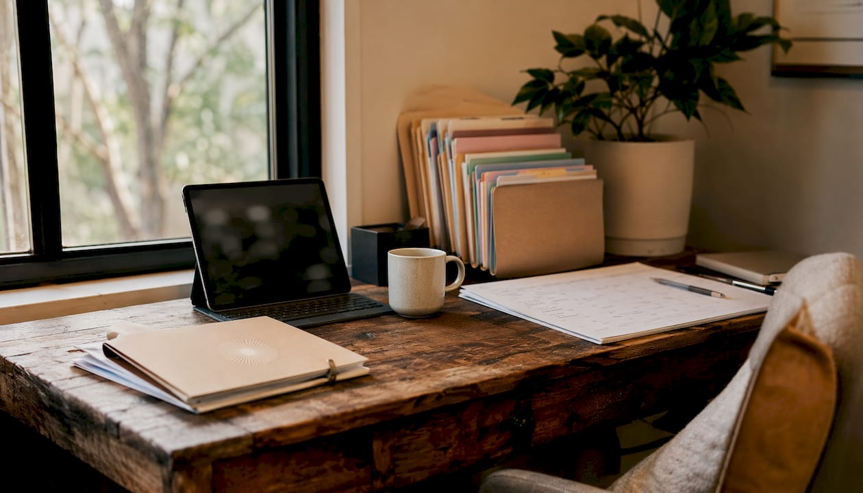 Warm office corner with practice management materials