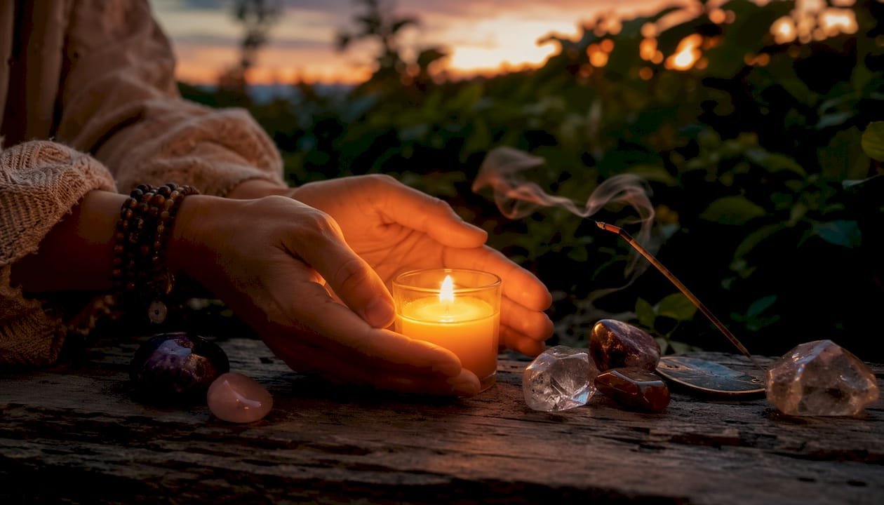 Hands holding candle amid crystals and incense