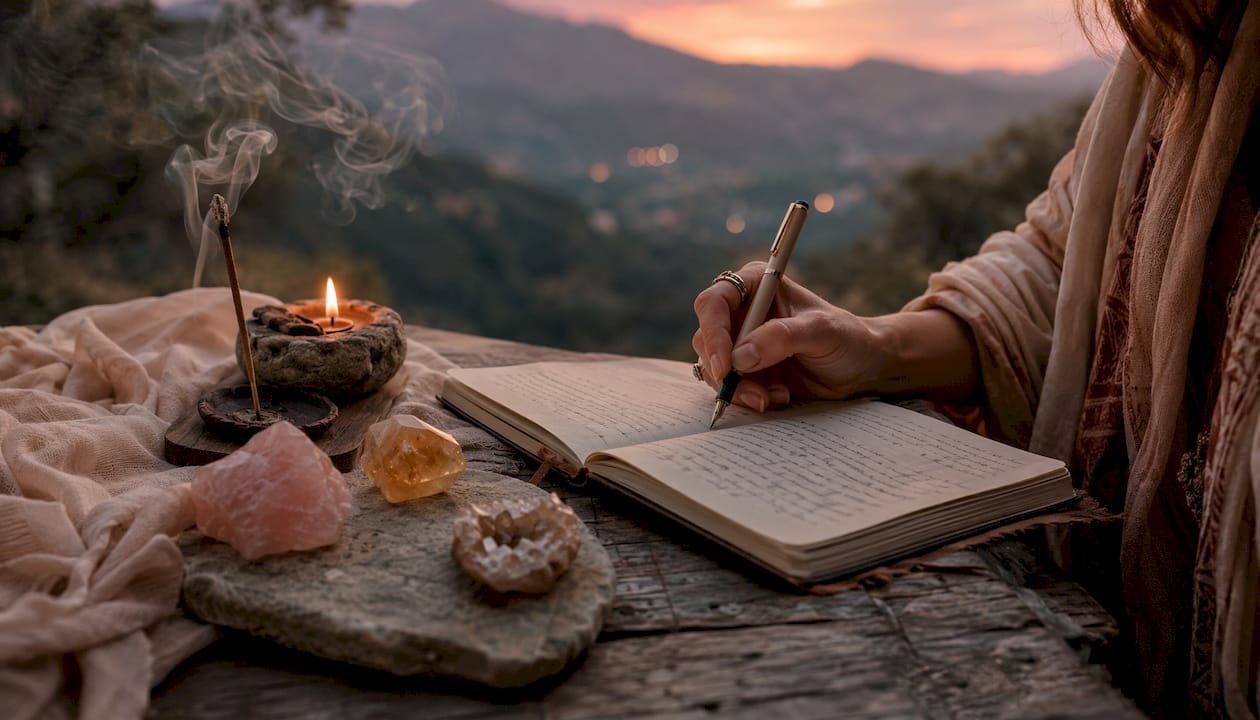 Hand journaling by candle near crystals