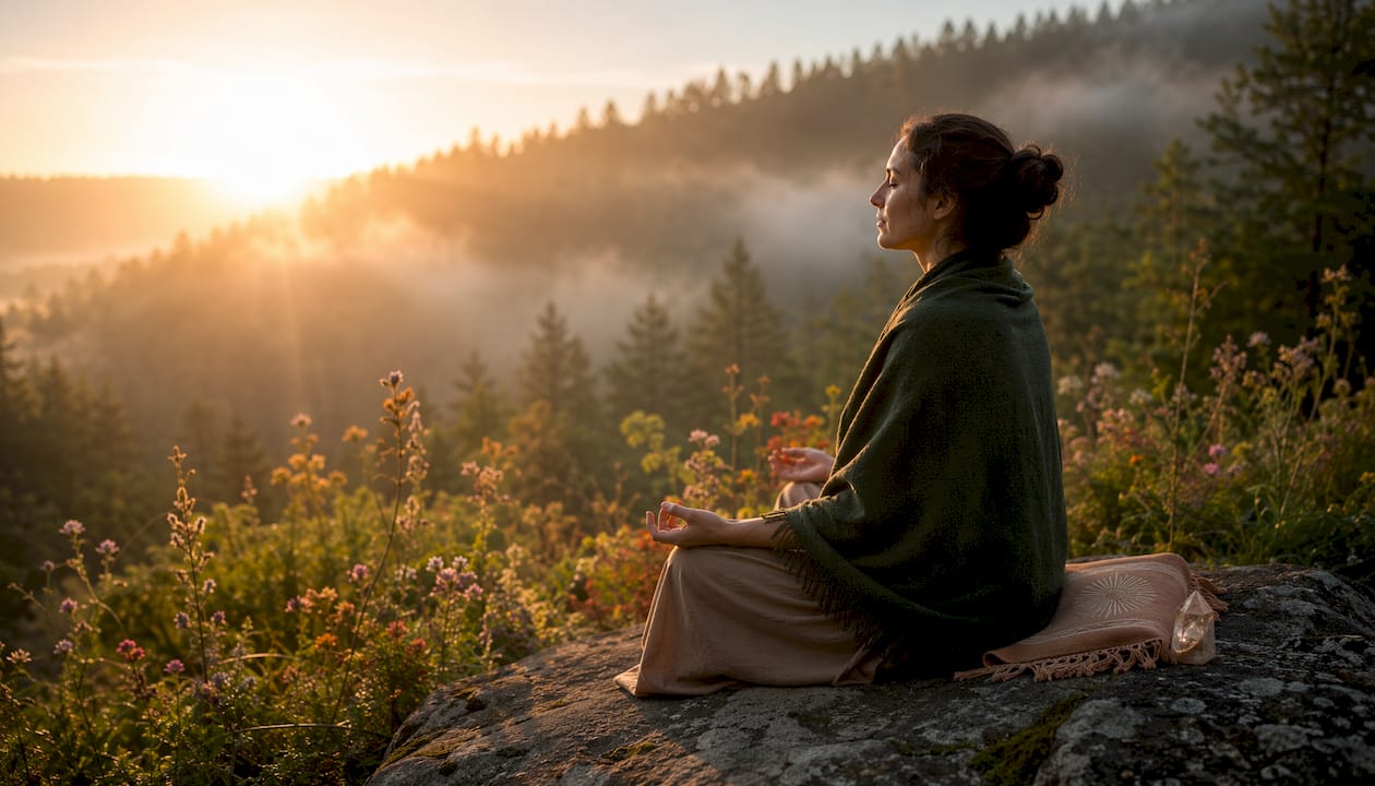 Meditating person at sunrise on mountain