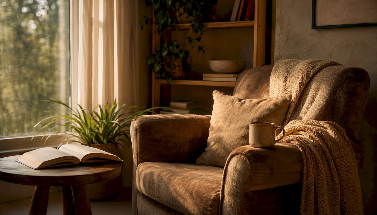 Das Handy lag auf der Armlehne des Sofas neben der Decke und dem Buch.