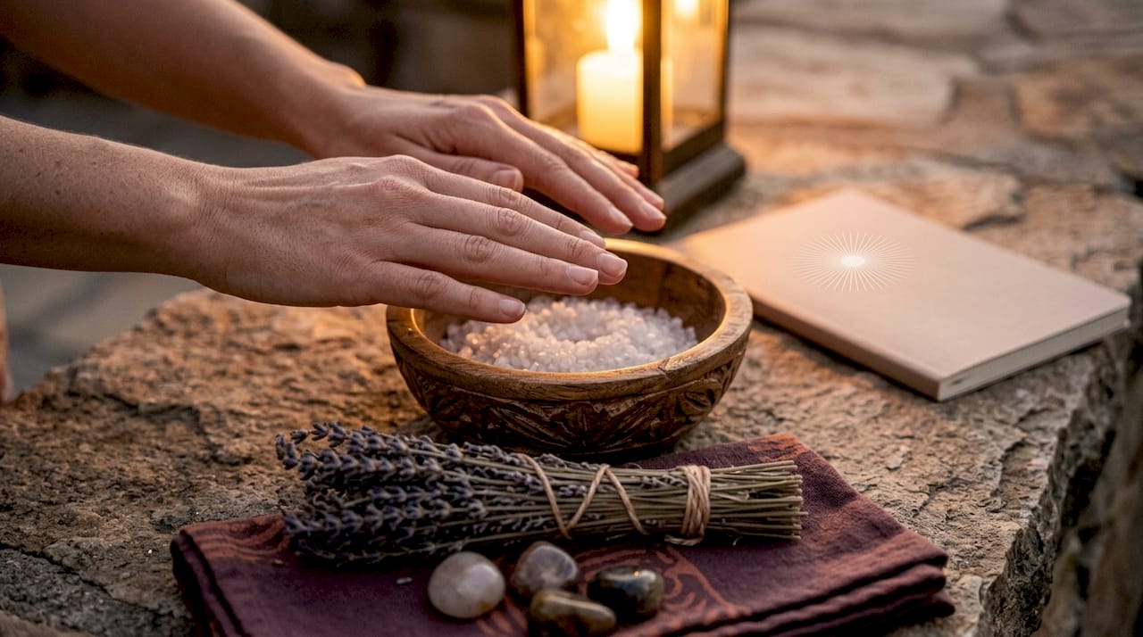 Hands performing energy healing with candlelight