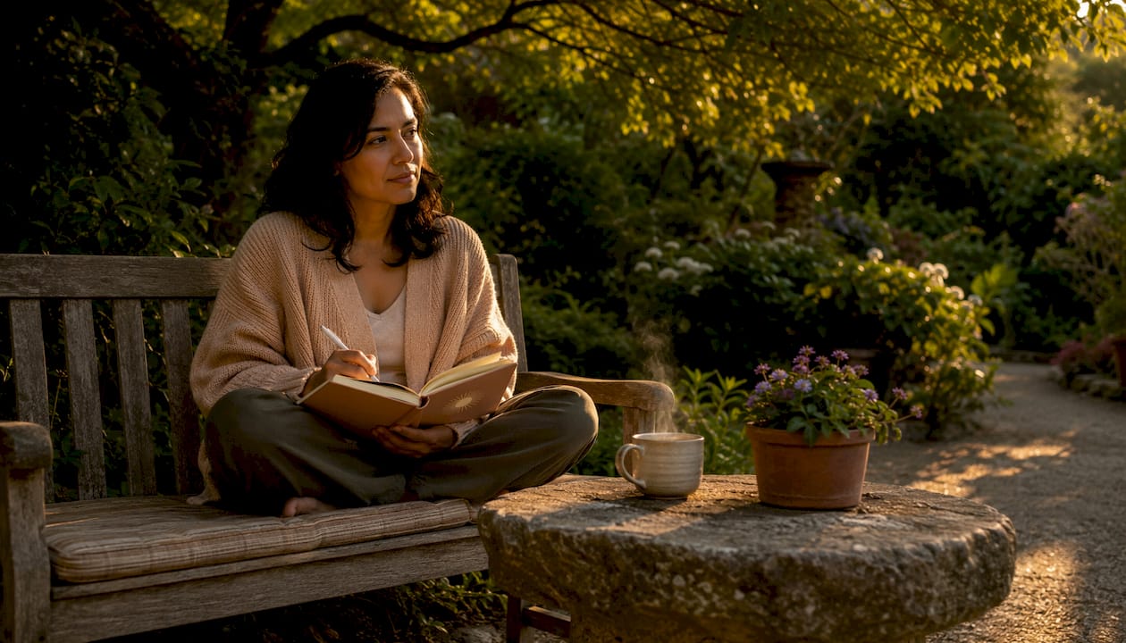 Person quietly reflecting at home in natural light
