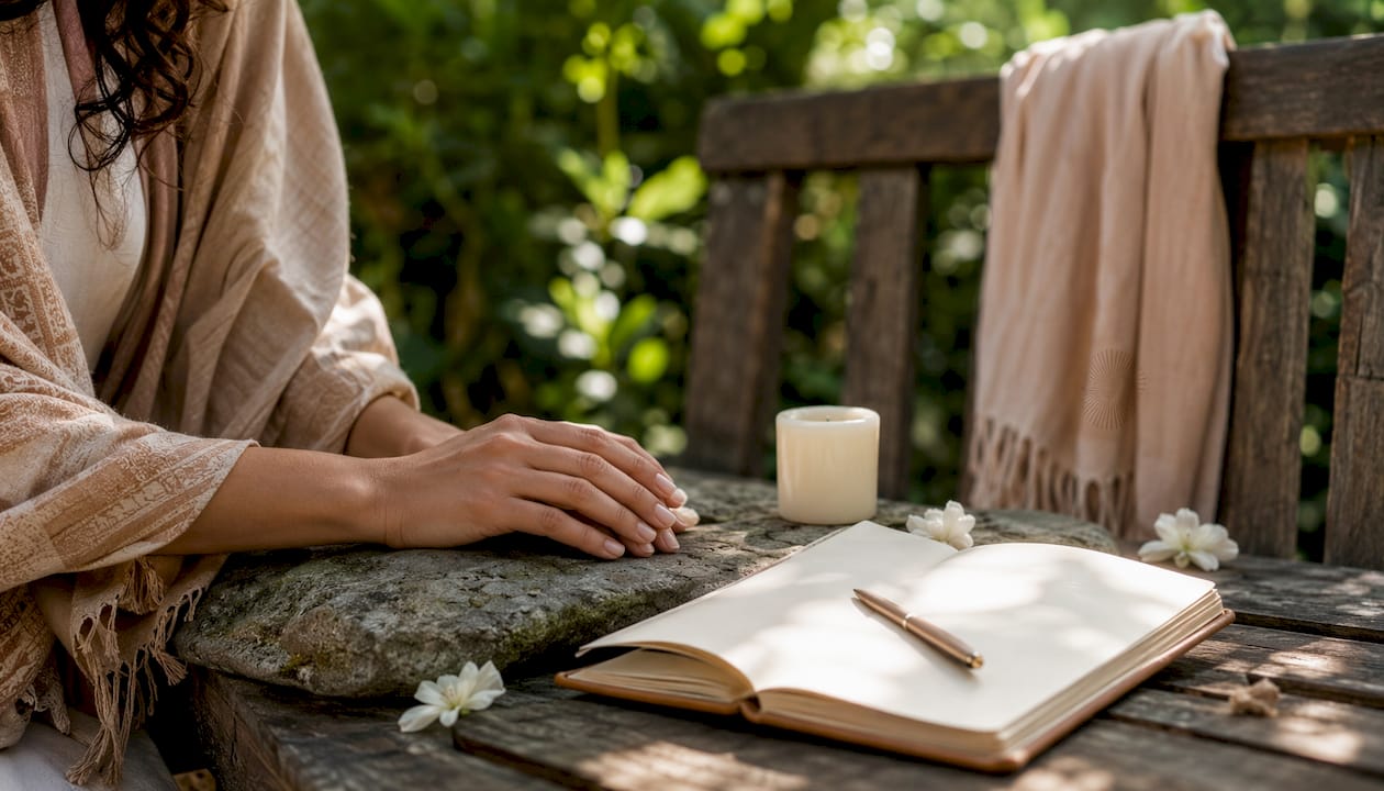 Close-up of hands and journal in therapy room