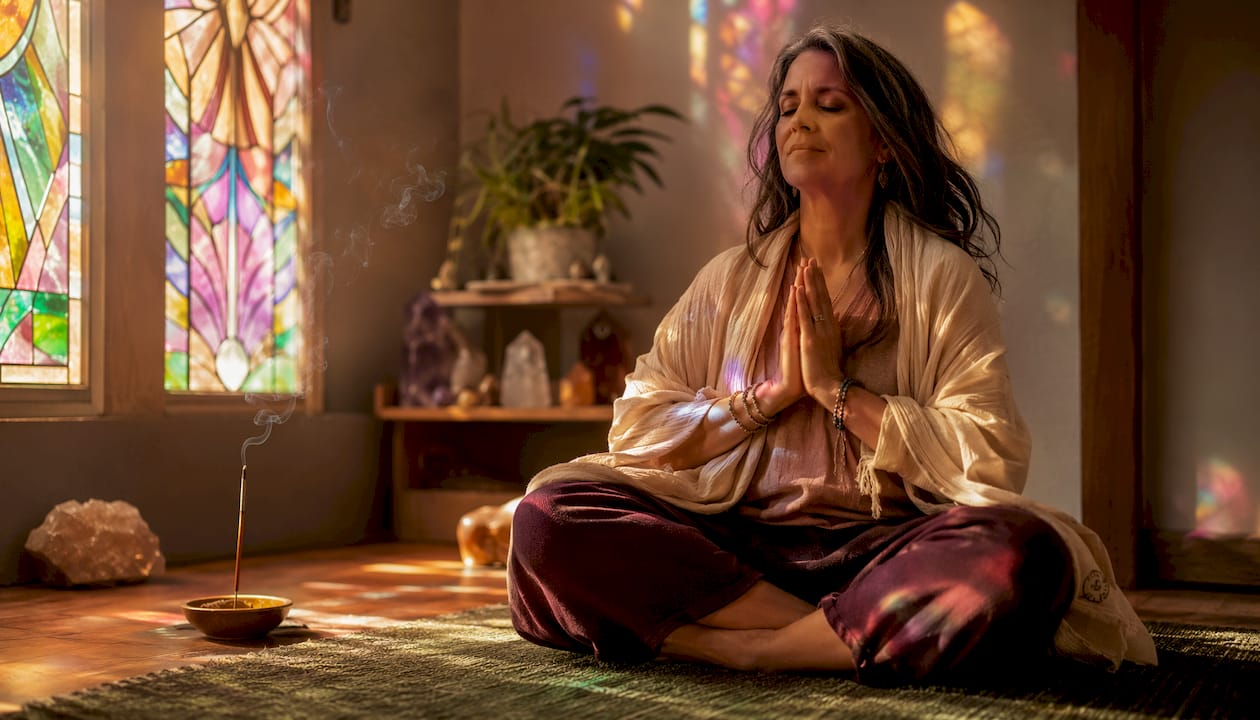 Woman meditating with hands in prayer gesture