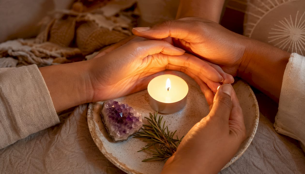 Close-up hands holding softly glowing candle