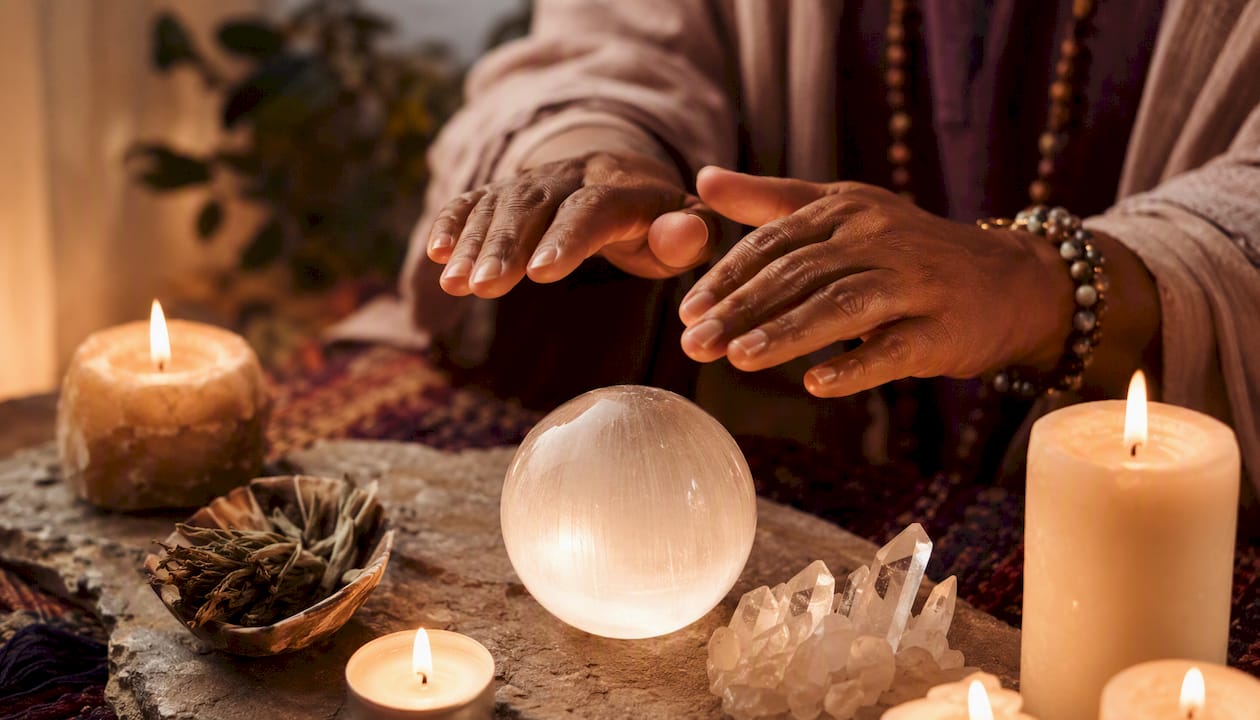 Close-up of hands over candles and crystals in healing ritual