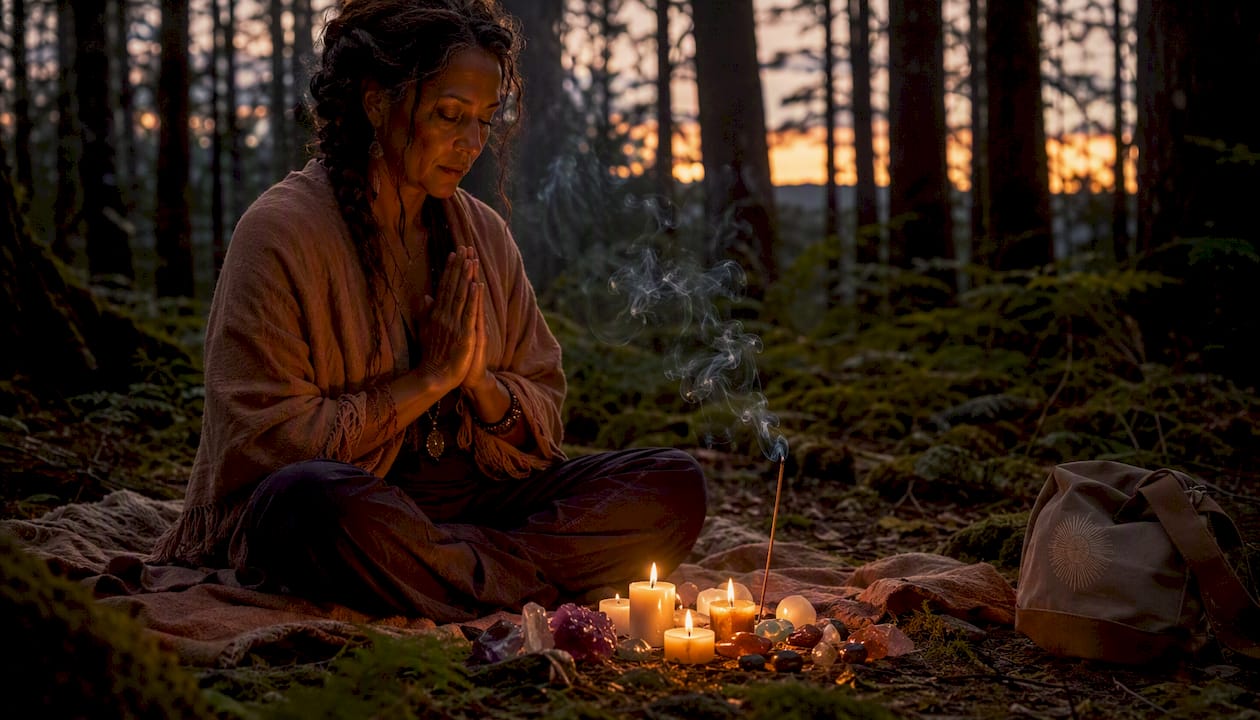 Person meditating with candles and crystals in forest at golden hour