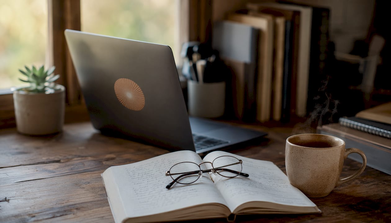 Cozy desk with planner and laptop in study