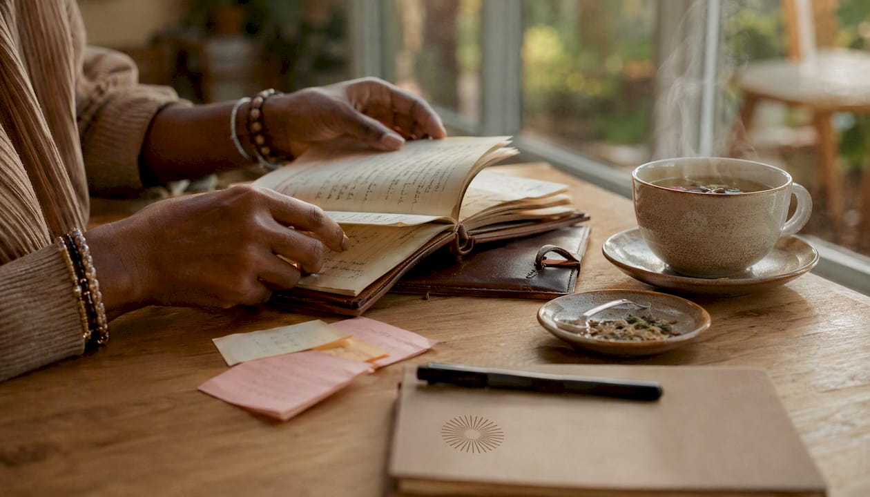 Hands organizing healthcare notes at home