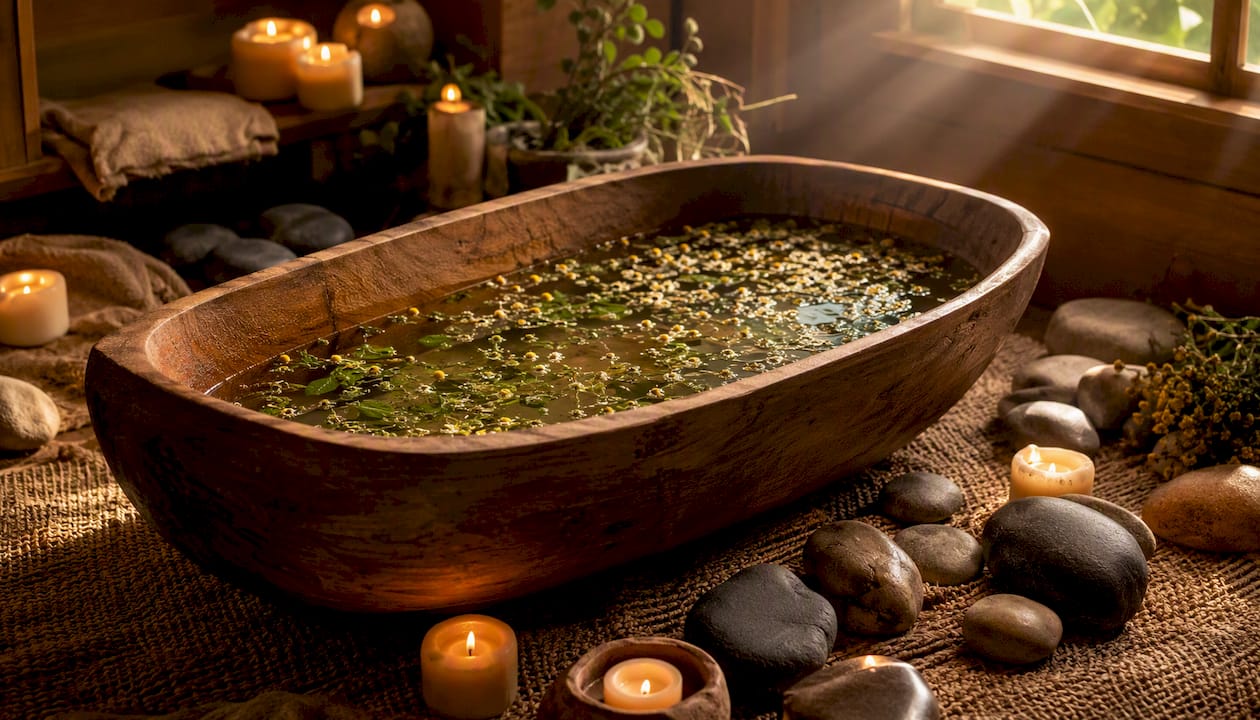 Herbal cleansing bath ritual setup from above
