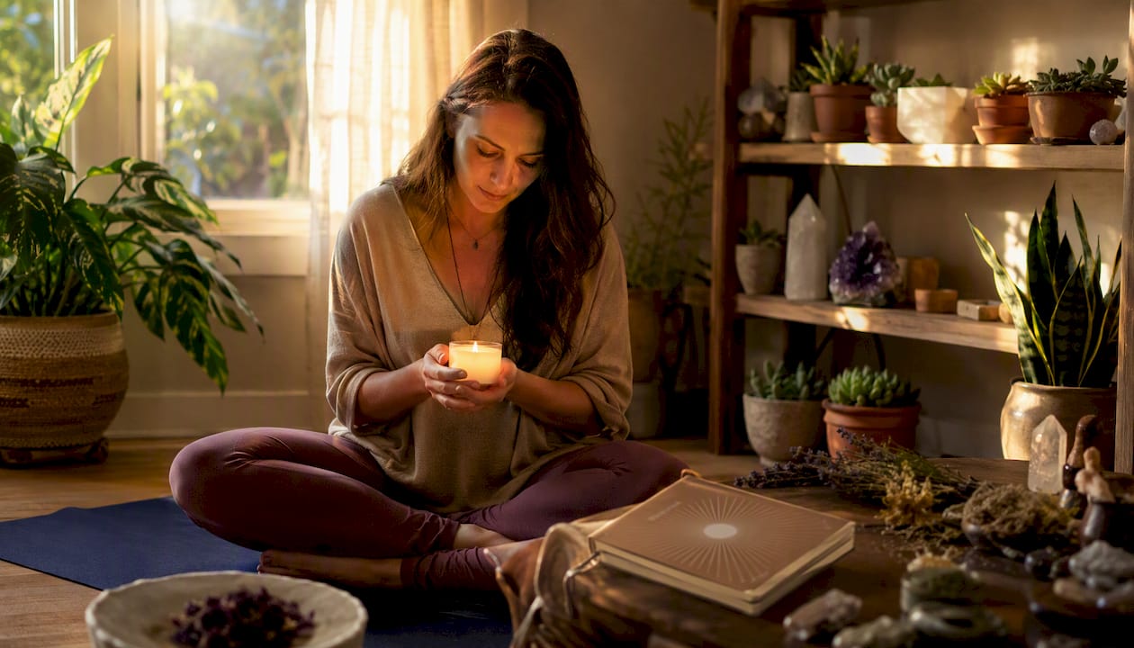 Woman in calm candlelit spiritual ritual