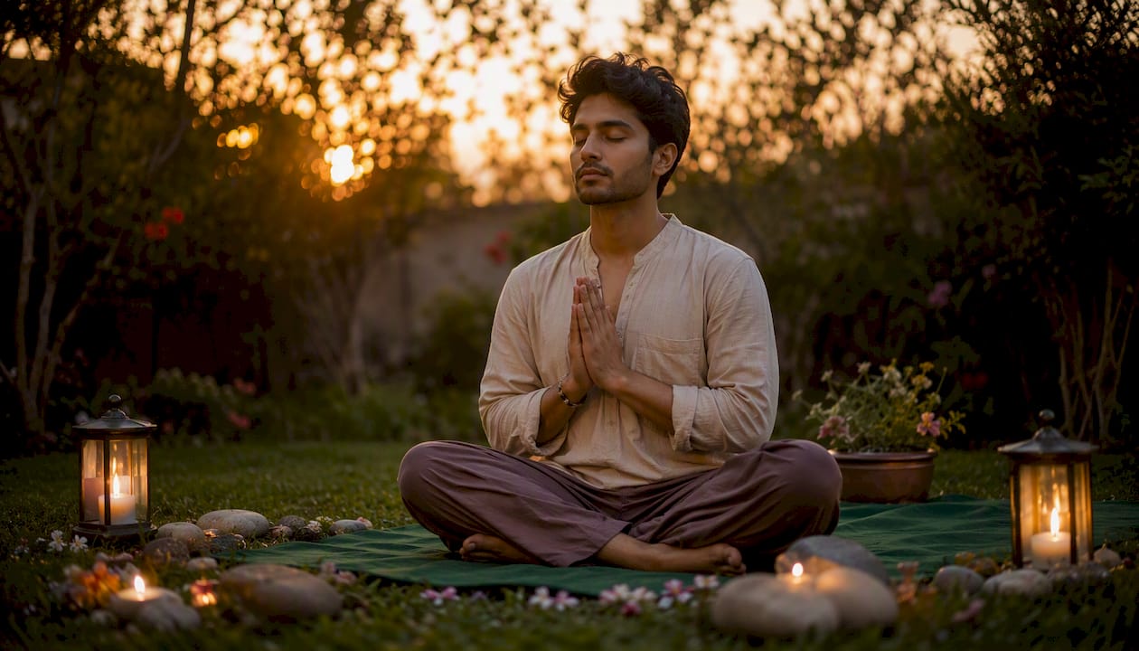 Man practicing loving-kindness meditation on porch