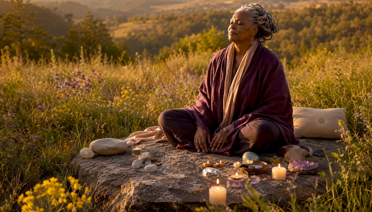 Woman meditating alone in misty forest clearing