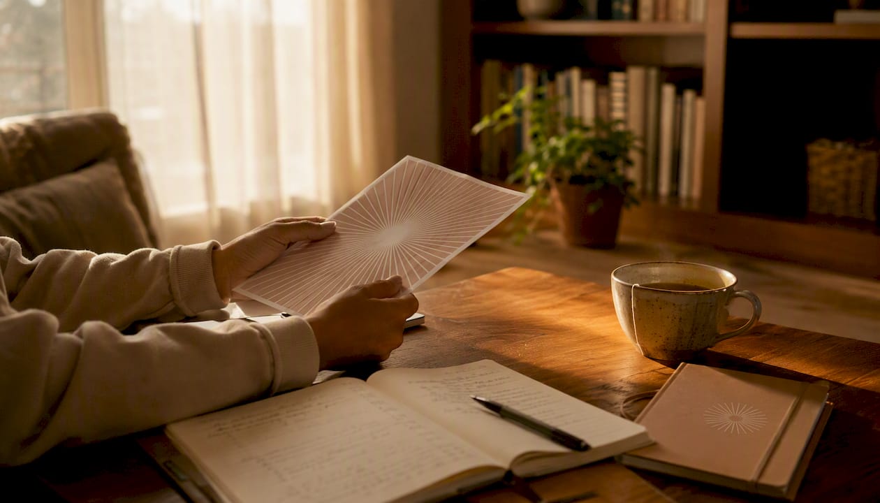 Hands resting near smartphone in cozy kitchen nook
