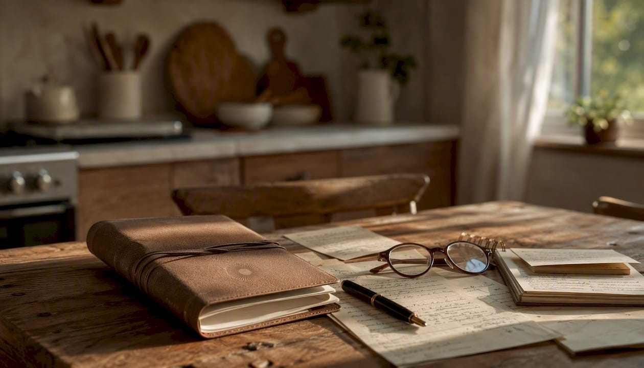 Close-up of desk with planner and notes in soft light