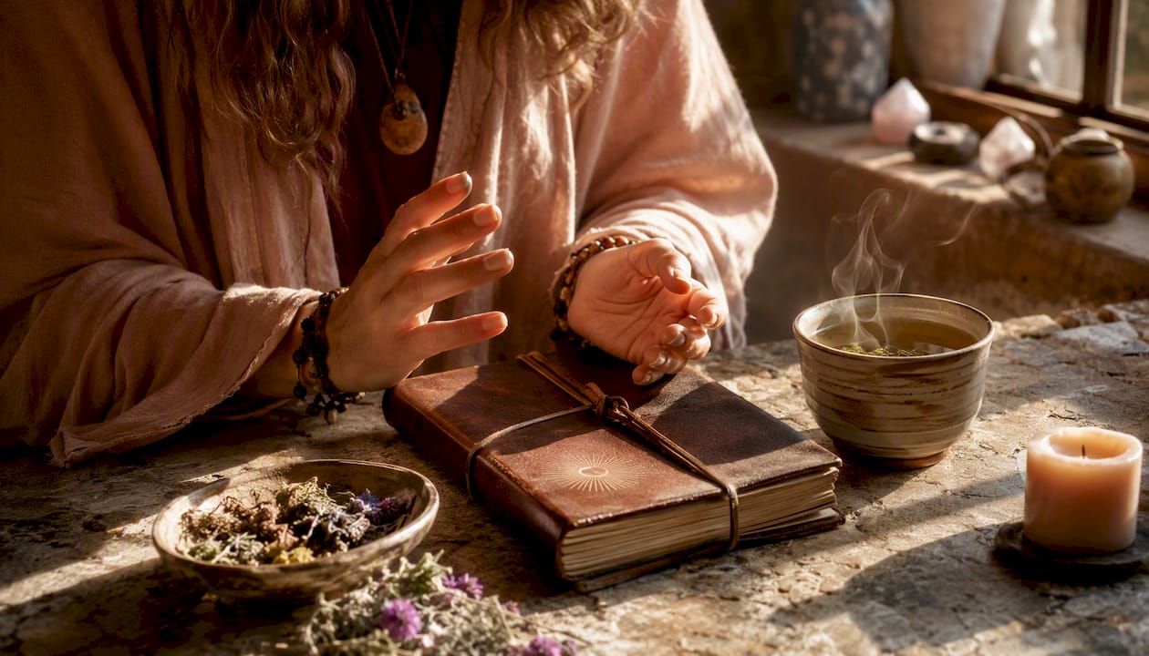 Hands resting on notebook with crystals and candlelight