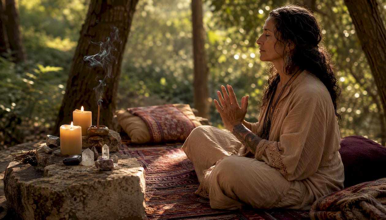 Hands near candles and crystals in meditation corner