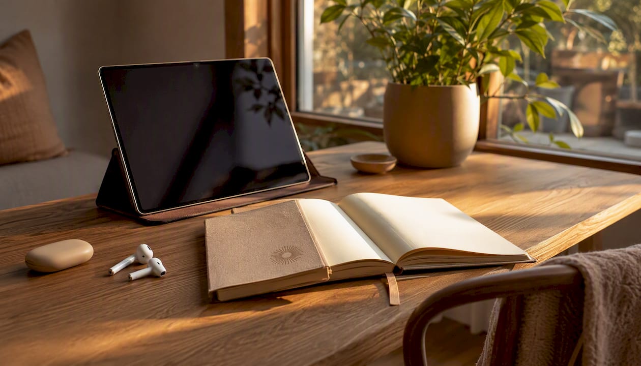 Overhead view of digital and analog workspace