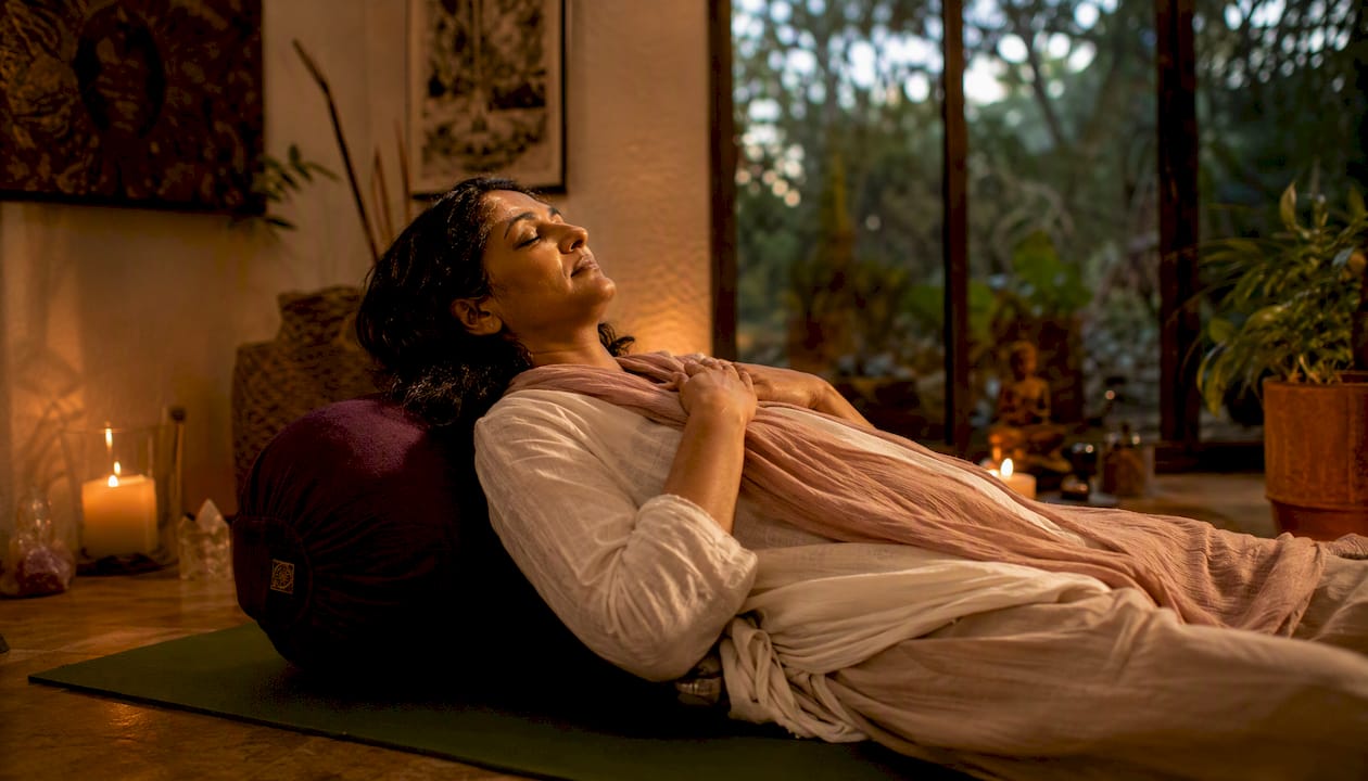Woman practicing yoga nidra lying down