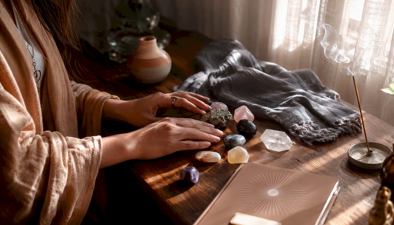 Hands cupped beside candlelight and crystals
