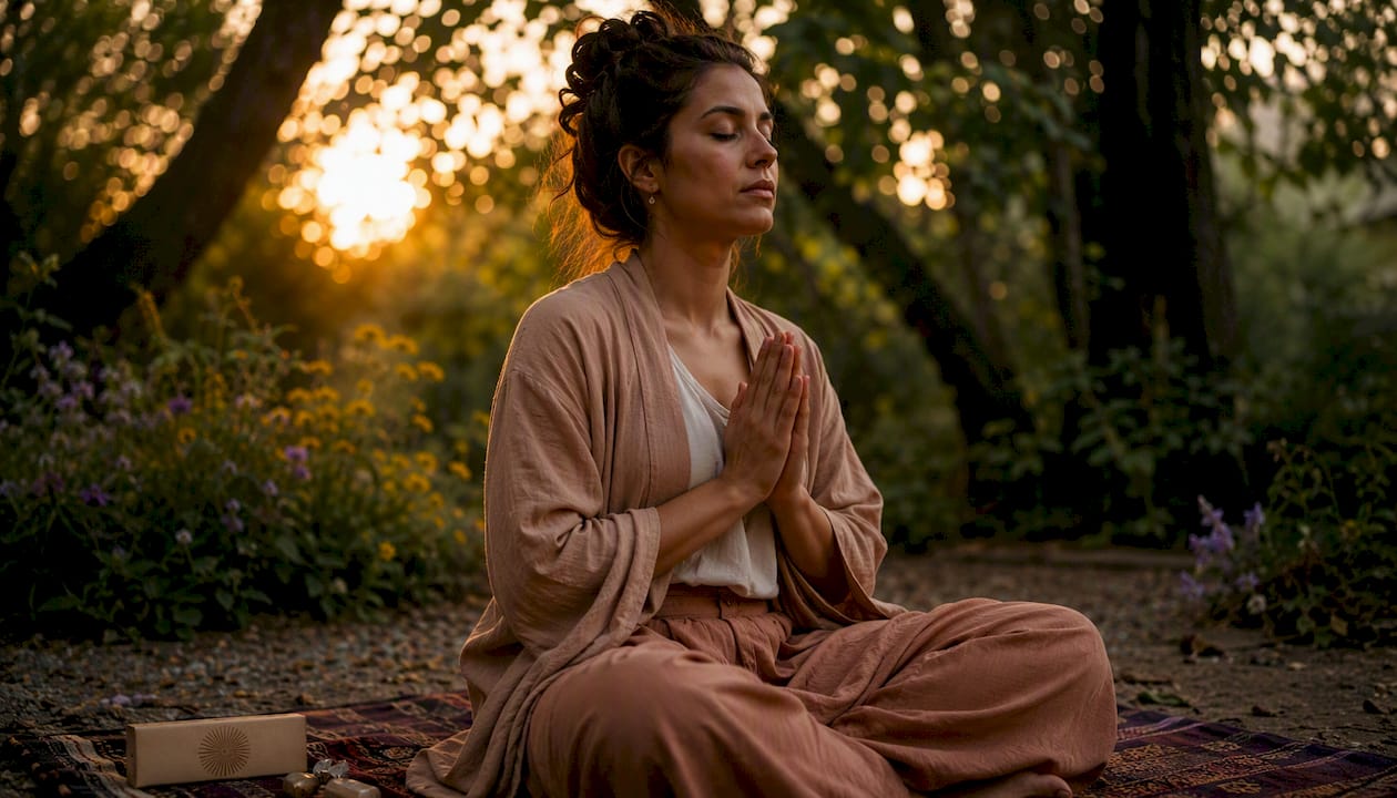 Meditator in forest clearing at sunrise