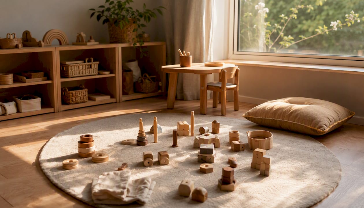 Calm therapy playroom with scattered toys and warm sunlight